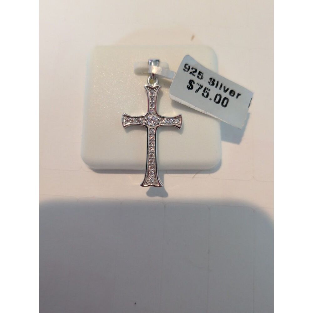 925 Sterling Silver Cross Pendant Clear Stone Religious Jewelry New w/ Tag